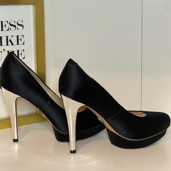 ABS by Allen Schwartz black satin platform heels - Picture 3 of 6